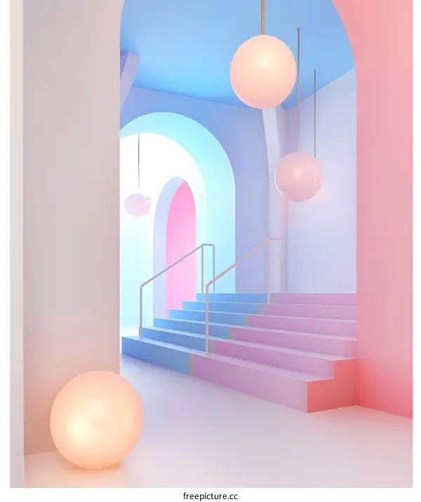 Pastel Colored Archway Staircase with Round Lamps