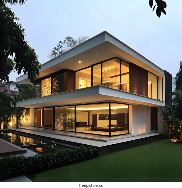 Modern House With Large Glass Windows And Swimming Pool