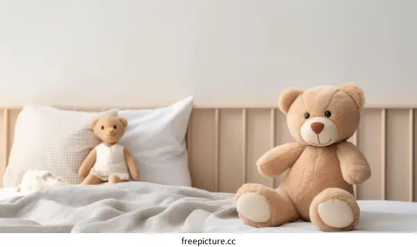 Adorable Teddy Bear Sits on Bed with Cozy Blanket and Pillow