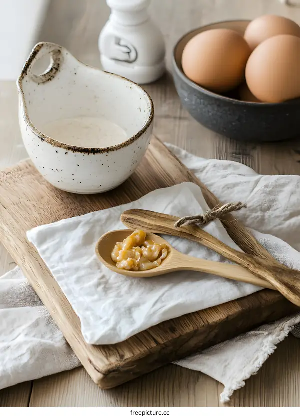 Wooden Spoon With Caramel Sauce And Ingredients For Baking