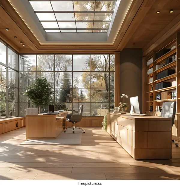 Luxury home office interior with large windows and wooden furniture