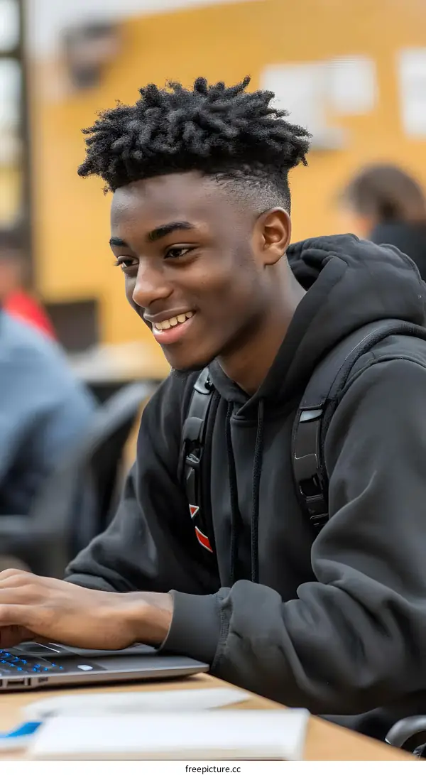 African American Student Using Laptop in Classroom