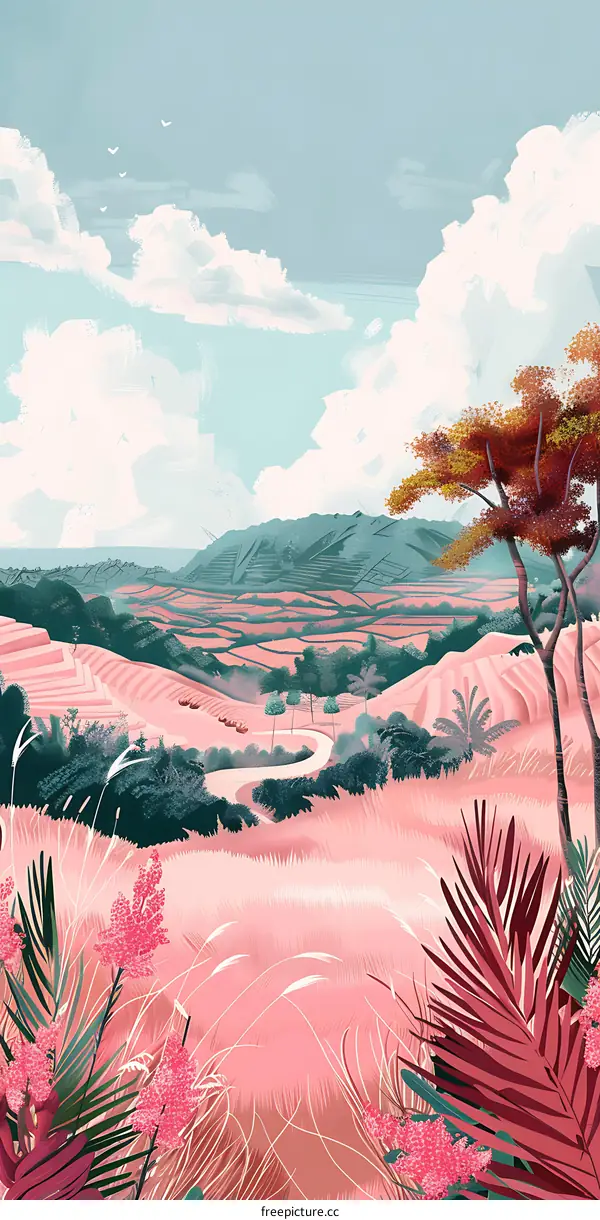 Pink Grass Fields and Mountains Landscape Illustration