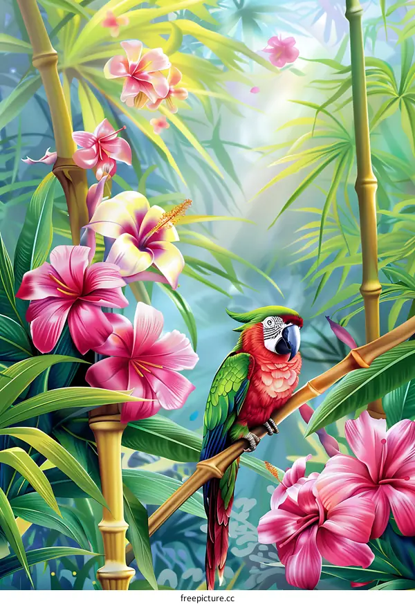 Tropical Rainforest Illustration with Parrot and Flowers