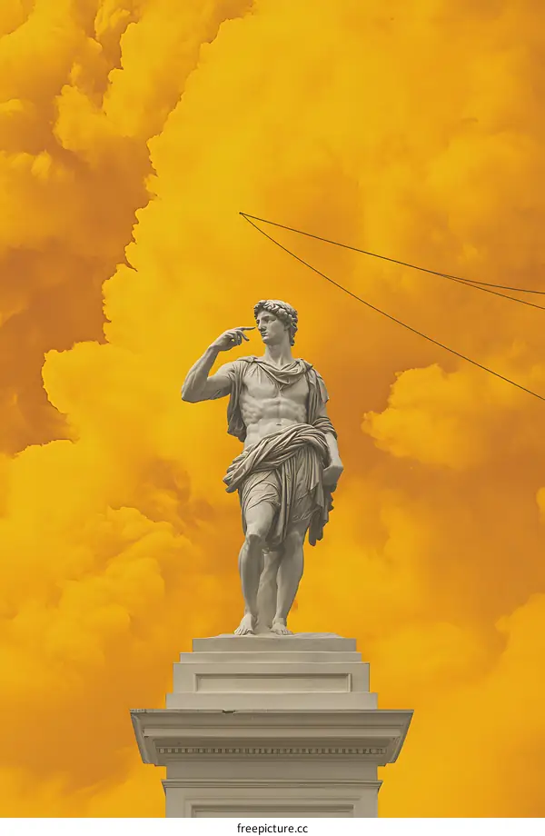Statue of a Man With a Finger on His Nose Against a Yellow Sky