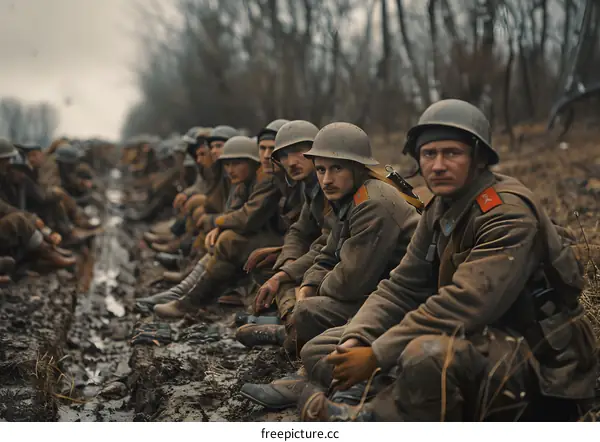 A group of soldiers sitting in a muddy trench during World War I