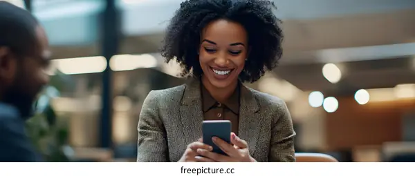Smiling Black Woman Using Smartphone in Office Building