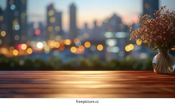 An empty wooden table with a vase of flowers in the background