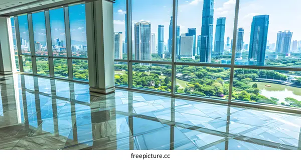 Modern Office Building with Cityscape View Through Large Windows