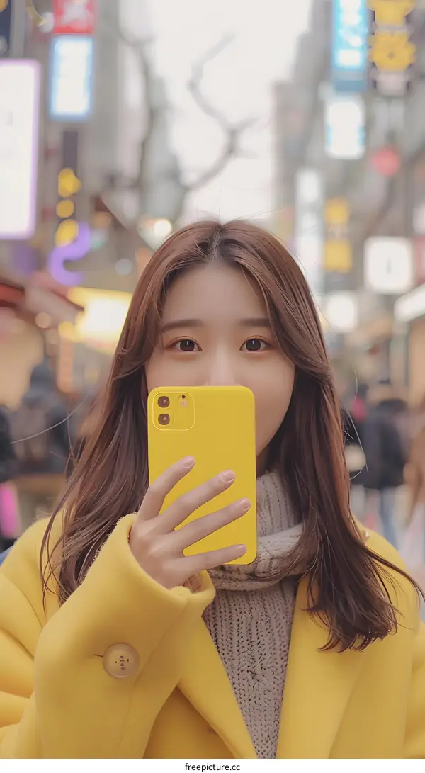 Yellow Phone Case Woman in Yellow Coat