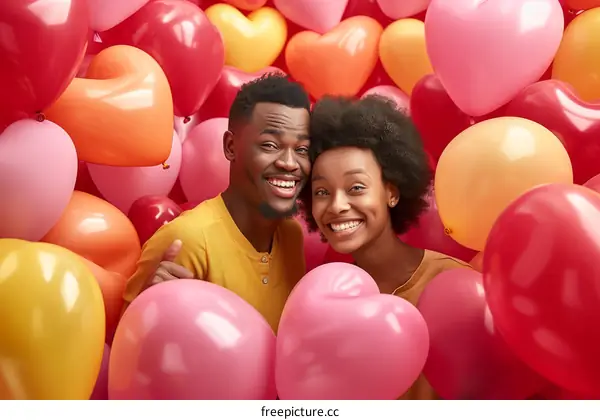 Happy African American couple posing with heart-shaped balloons