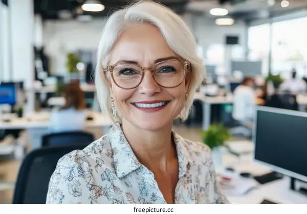 Smiling Senior Woman in Office Environment