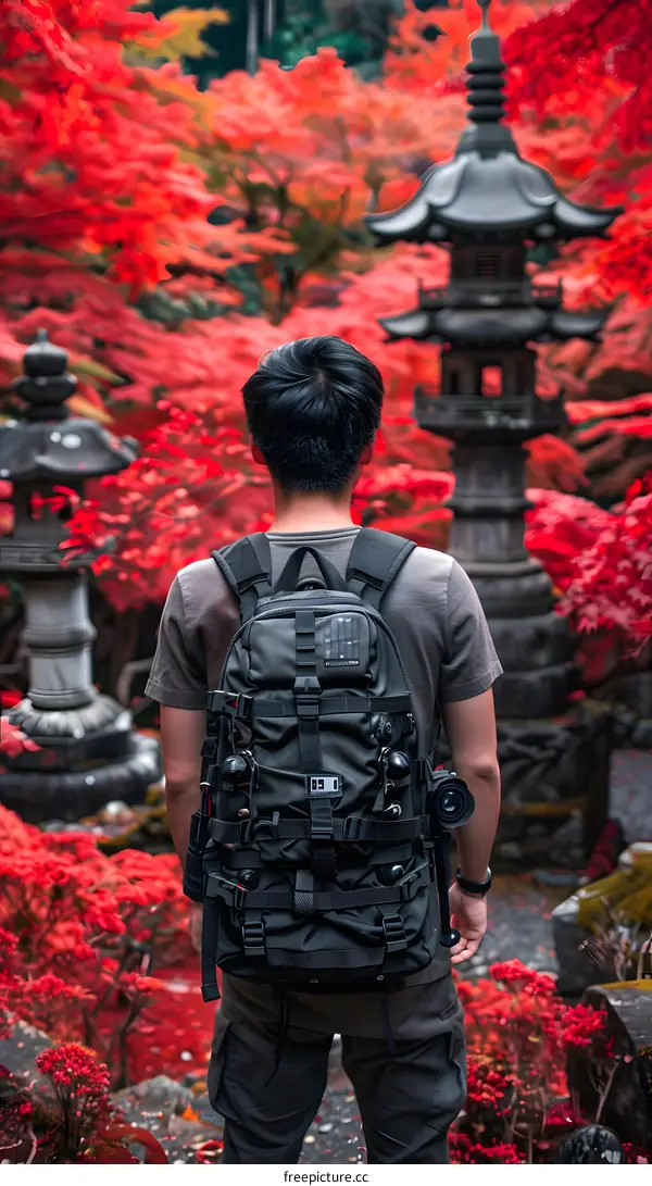 Man With Backpack Standing In Front Of Japanese Pagoda During Autumn