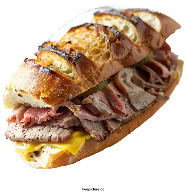 [Transparent Background PNG]Roast beef sandwich with melted cheese and pickles on crusty bread