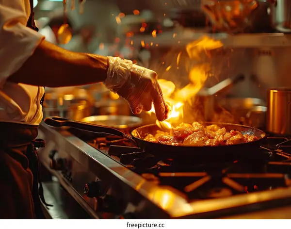 Stir-frying in a hot pan with flames