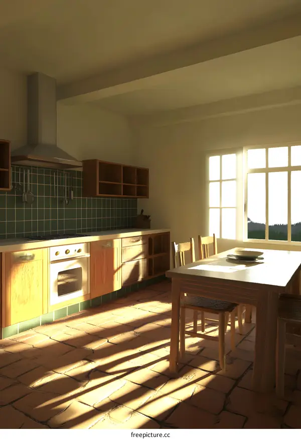 Kitchen Interior Design with Wooden Cabinets and Tile Floor