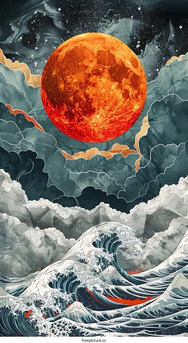 Red Moon Over The Great Wave