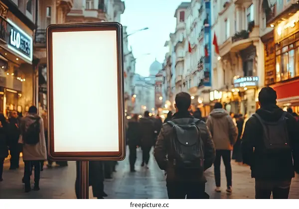 Blank Billboard on a City Street with People Walking in the Background
