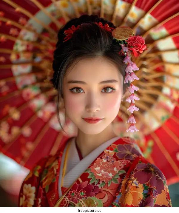 Portrait of a beautiful Japanese woman in traditional kimono