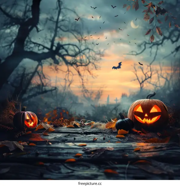 Spooky Nighttime Halloween Scene with Black Cats and Bats