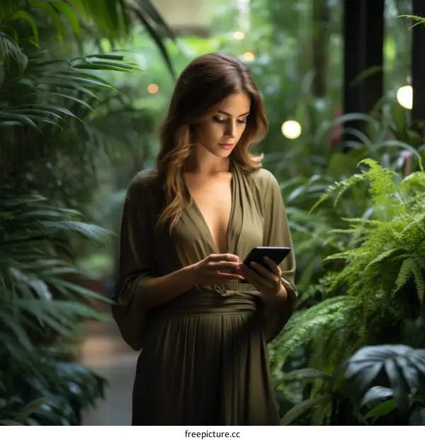 Elegant woman in a green dress using her smartphone in a tropical setting