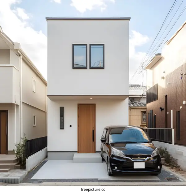 Modern Minimalist White House with a Wooden Door and a Black Car Parked in Front