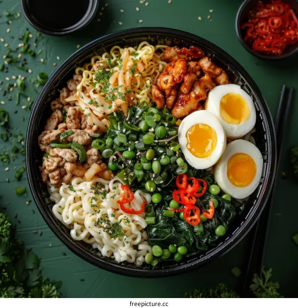 Savory Noodle Bowl with Meat, Vegetables, and Eggs