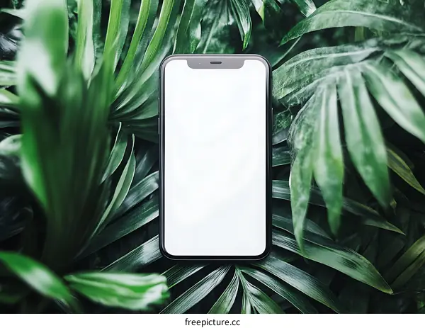 Smartphone Screen Mockup on Green Leaves Background