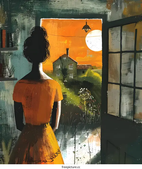 A woman looking out the door at the setting sun