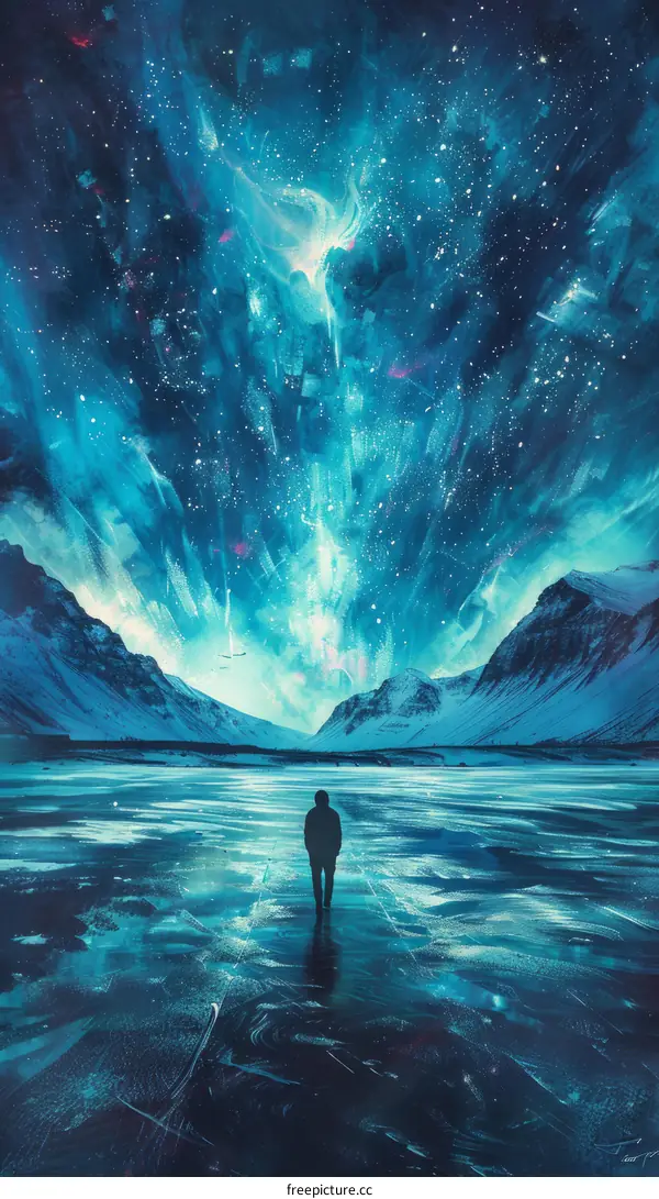 Man standing alone in a frozen lake admiring the aurora borealis