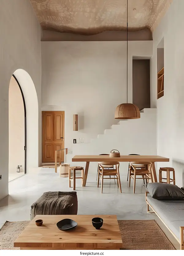 Minimalist Living Room Design With Wooden Furniture And A Large Archway