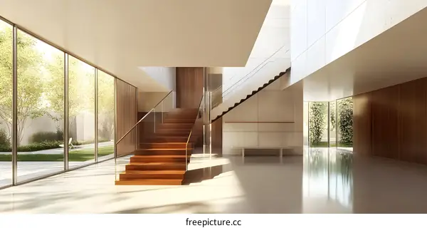 Modern Interior Design With Wooden Stairs and Glass Railing
