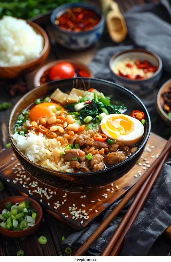 A bowl of delicious Chinese food with rice, chicken, vegetables and a soft-boiled egg.