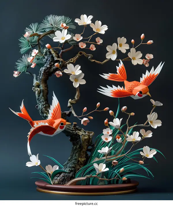 Two origami birds flying around a bonsai tree with white and pink flowers