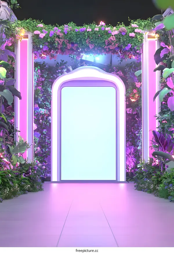 Neon Light Archway Entrance with Flowers and Plants