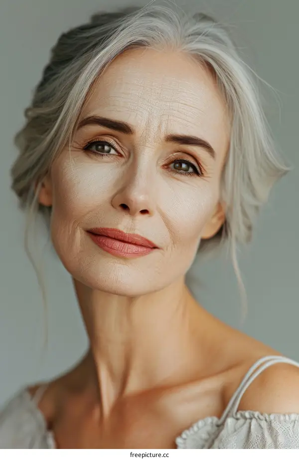 portrait of a beautiful middle aged woman with gray hair