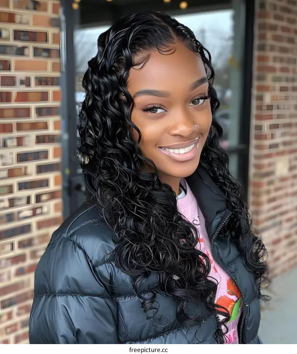 portrait of a young woman with long black hair and a nose ring