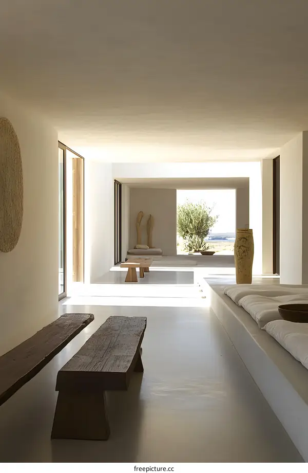 Minimalist Interior Design With Wooden Benches And White Walls