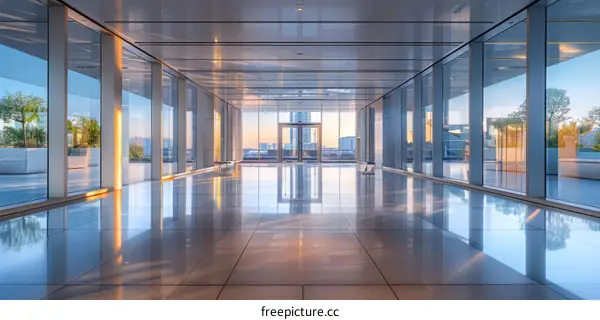 Modern empty corridor interior with glass walls and bright cityscape view