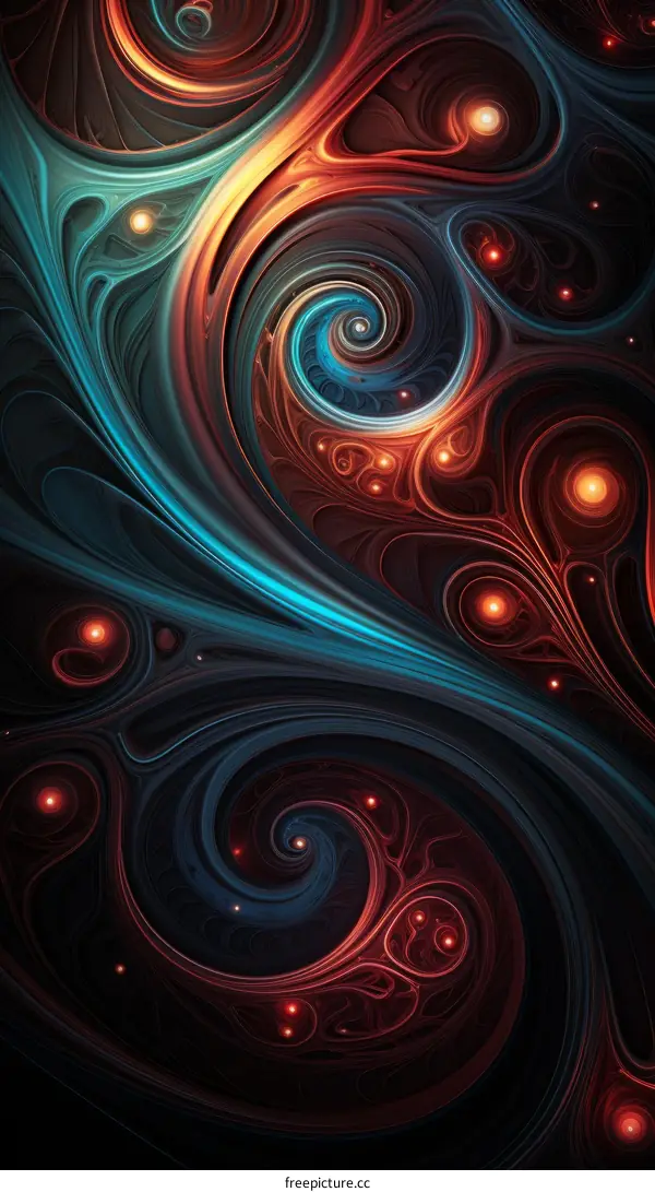 Colorful abstract painting with blue and red swirls