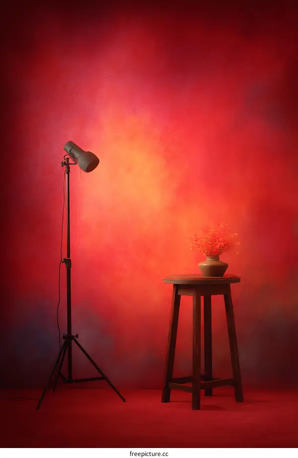 Studio Red Background With Lamp And Small Table