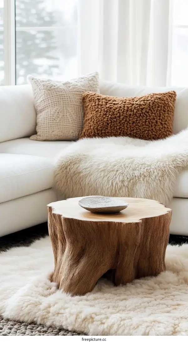 Modern Minimalist Living Room Decor with Wooden Stump Coffee Table
