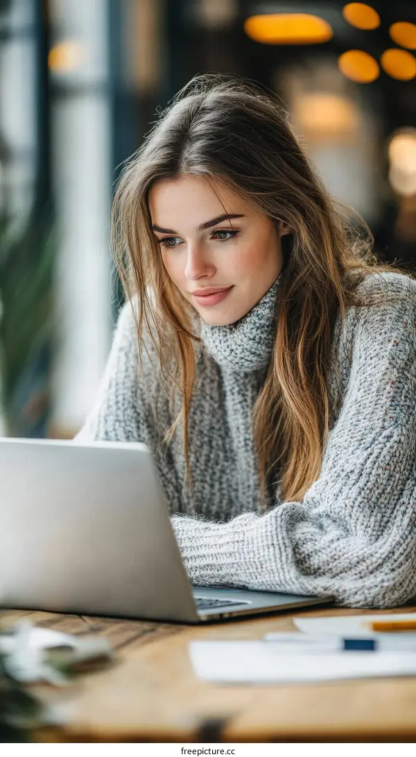 Woman working on a laptop in a cafe