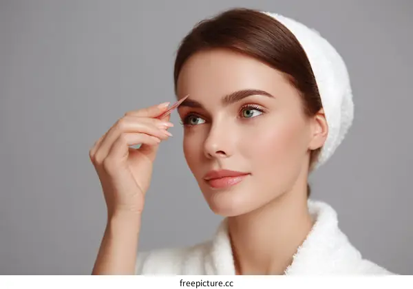 Woman Removing Hair with Tweezers for Facial Beauty