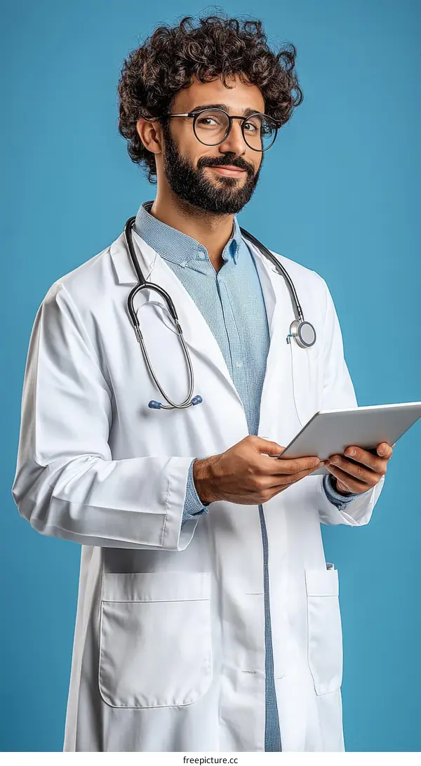 Doctor Examining Patient Information on Digital Tablet