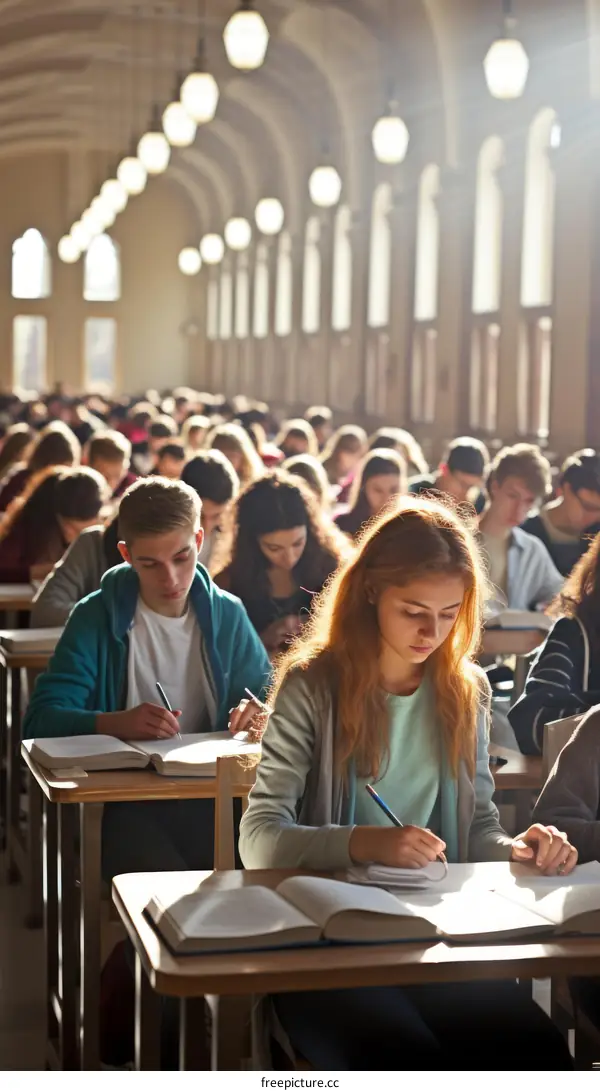 Focused Students Studying in a Large Hall