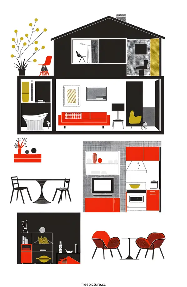 Mid Century Modern House Interior Illustration