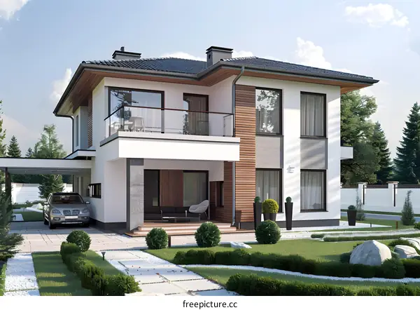 Modern White House with Balcony and Yard