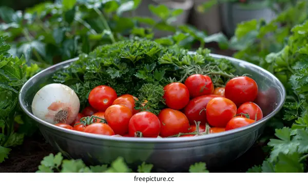 A metal bowl filled with red tomatoes and parsley