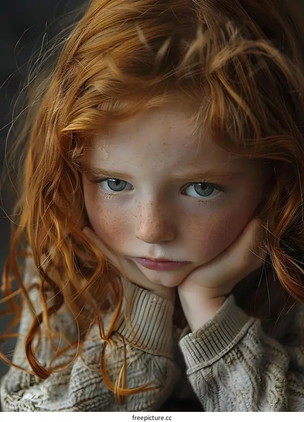 Portrait of a redheaded girl with freckles and green eyes